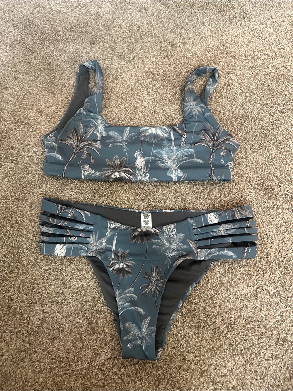 Costa Rican Tropical Palm Print Bikini with monkeys Set in blue